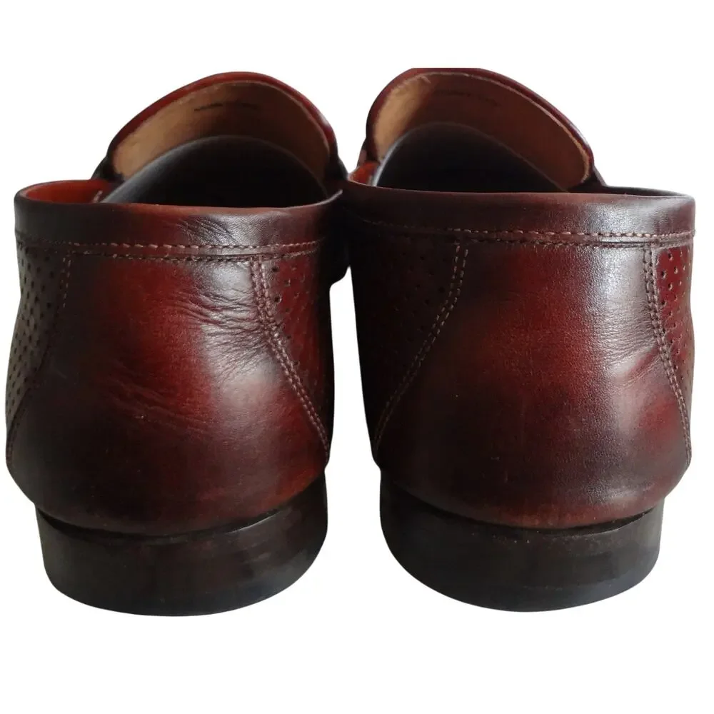 Magnanni Brown Woven Braided Leather Penny Loafers Men 9.5 Spain Perforated Work